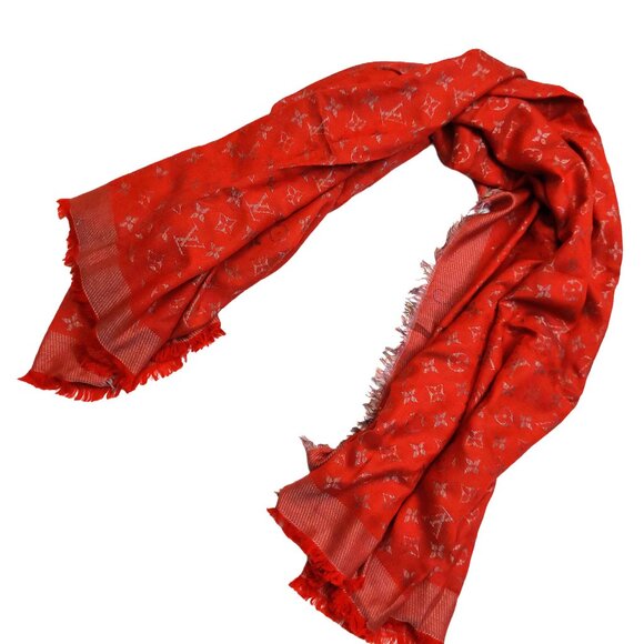 LOUIS VUITTON LV Vintage Red & Silver Metallic Silk Wool Scarf Shawl Wrap - Picture 3 of 10